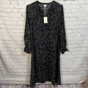A New Day Black Leaves Shirteaist Button Up Long Sleeved Dress